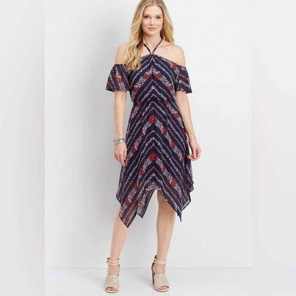 Maurice’s Navy Blue‎ cold shoulder sharkbite hem Floral Dress - Size Large